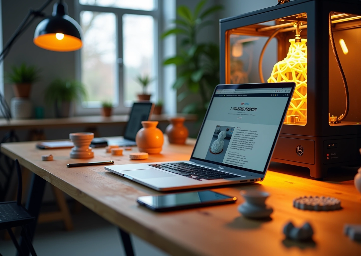 Студия 3D‑печати: ноутбук с черновиком статьи, 3D‑прототипы на столе, работающий 3D‑принтер и смартфон с соцсетями