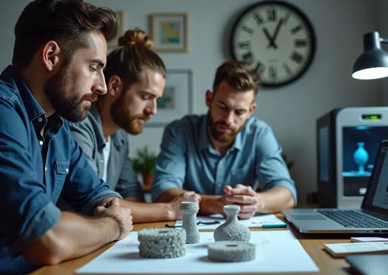 Мастер и клиент обсуждают 3D‑детали на фоне принтеров: бирка с ценой, часы и лупа символизируют возражения «дорого», «долго», «некачественно».