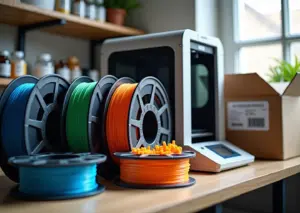 Фото прилавка малого бизнеса с катушками разноцветной филаментной нити для 3D‑принтеров, рабочий принтер на заднем плане, коробка для отправки с ярлыком, аккуратные полки с расходниками