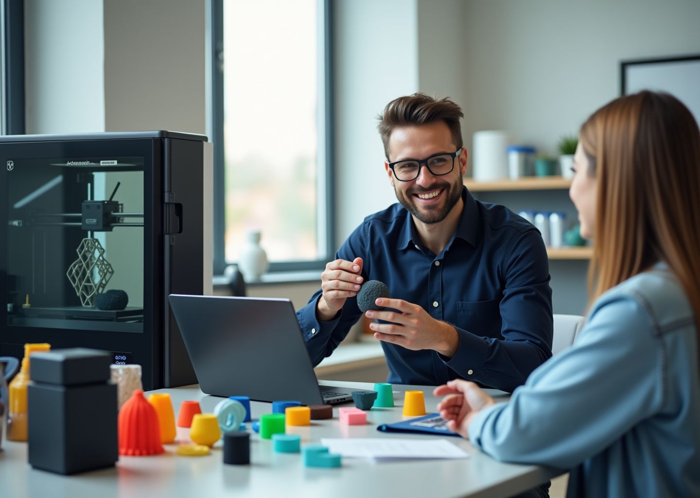 Мастерская 3D‑печати: предприниматель показывает напечатанную деталь рядом с 3D‑принтерами и ноутбуком с документом оффера