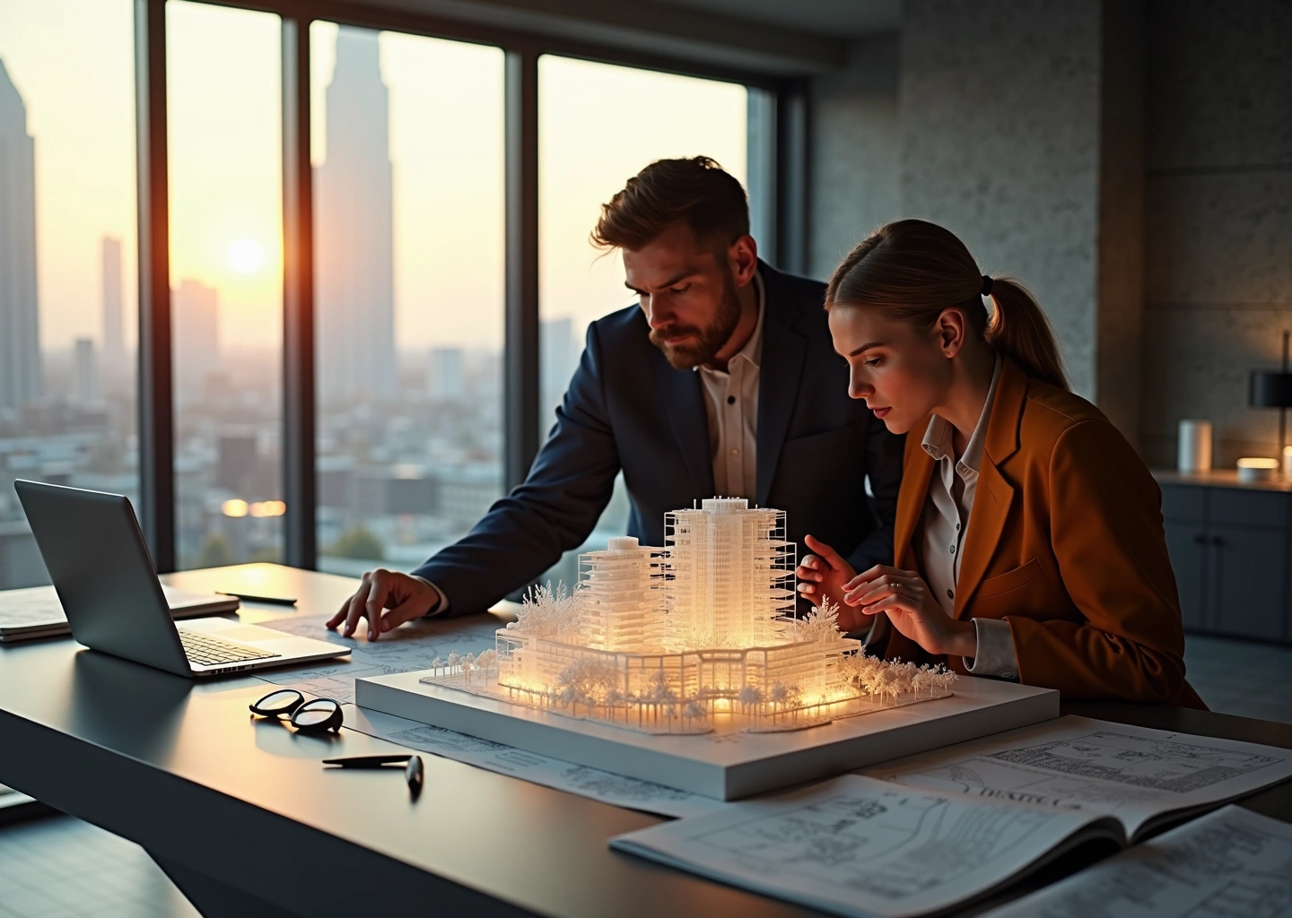 Дизайнер и архитектор рассматривают премиум 3D‑печатный архитектурный макет в современном офисе, детальная модель с подсветкой и ландшафтом