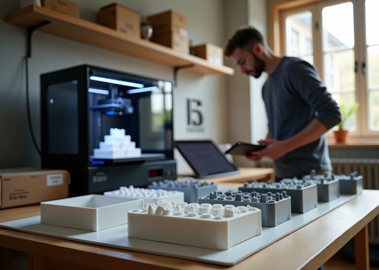 Фотография маленькой мастерской по 3D‑печати: 3D‑принтер в работе, готовые кастомные органайзеры на столе, дизайнер с планшетом, коробки для отправки заказов