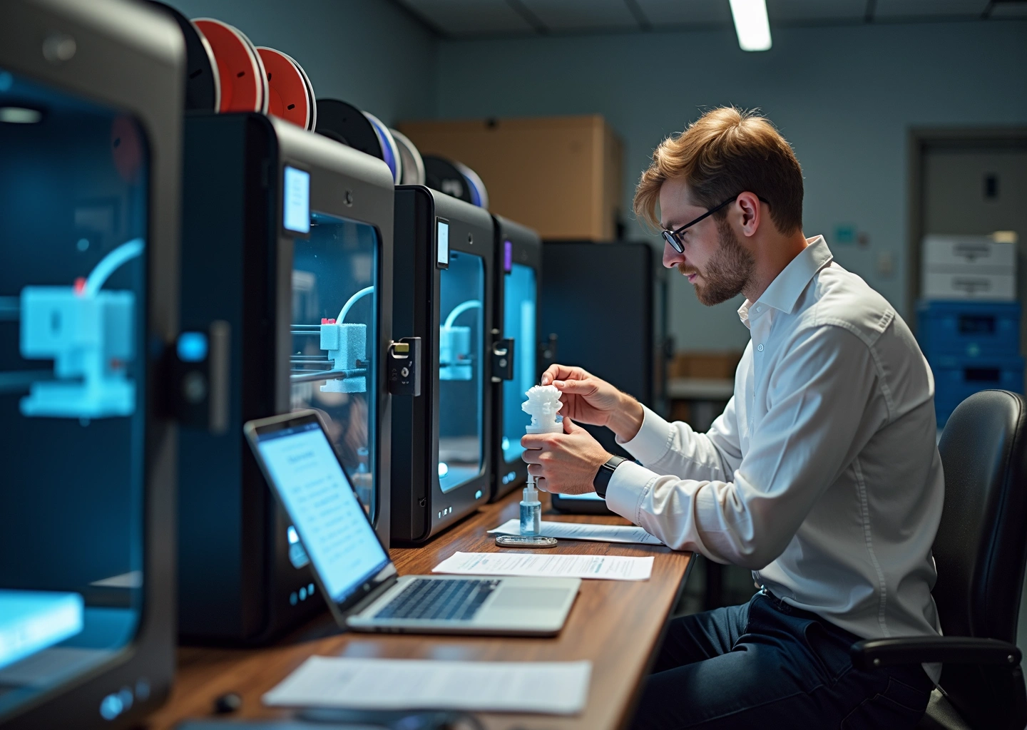 Интерьер небольшого сервиса аренды 3D‑принтеров: работающие принтеры, оператор с деталью, ноутбук с системой заказов, упаковка и расходные материалы