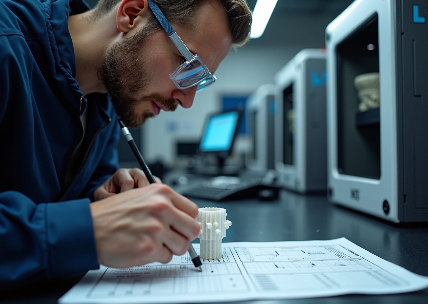 Инженер измеряет 3D‑деталь штангенциркулем в мастерской 3D‑печати на фоне разных типов принтеров и метрологического оборудования