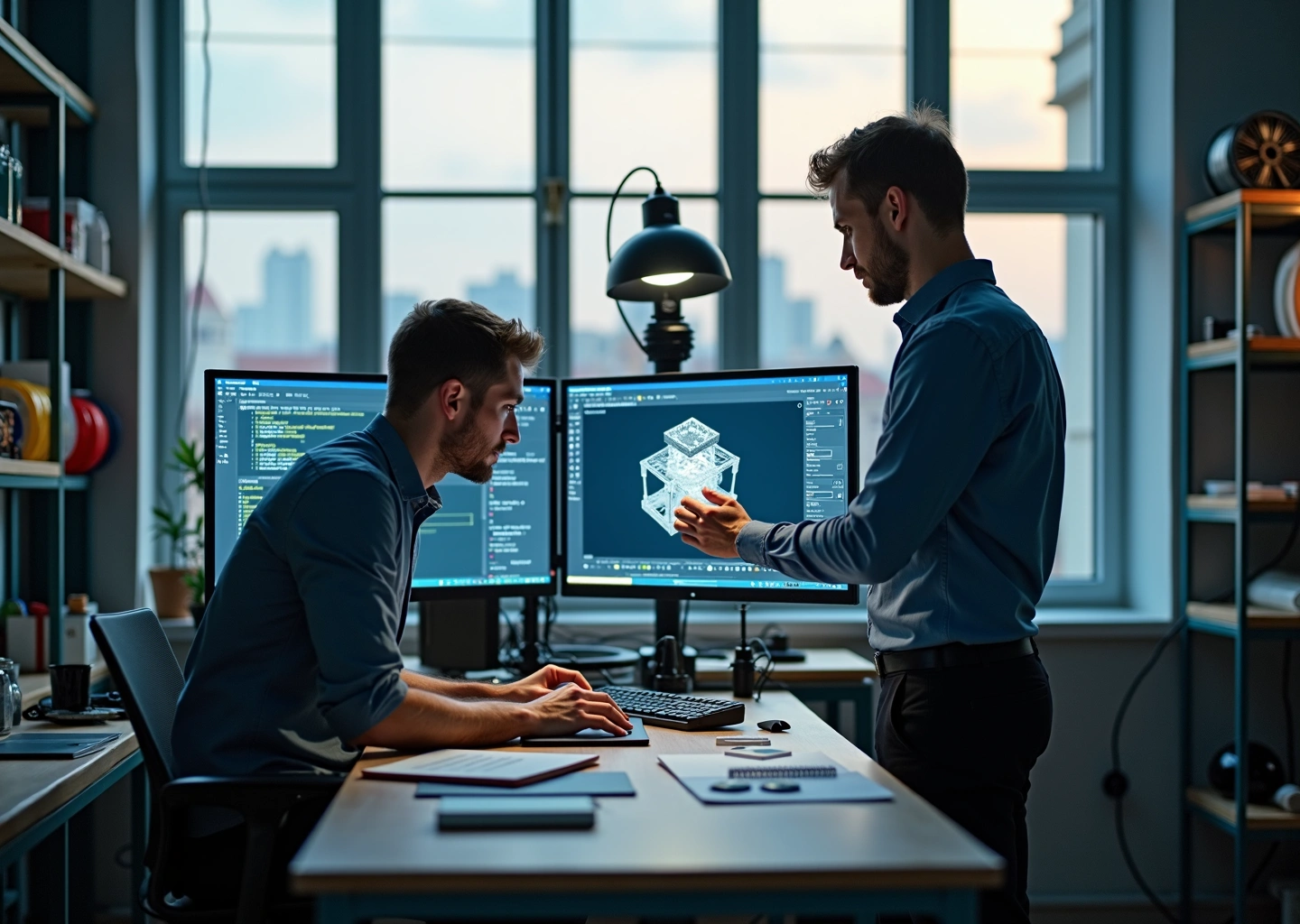 Дизайнер за компьютером редактирует CAD модель, инженер проверяет напечатанный прототип у 3D‑принтера в современном мастерской, на столе бриф и образцы деталей