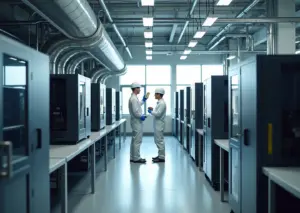 Интерьер 3D‑фермы с рядами принтеров на стеллажах, вентиляционными каналами и электрошкафом, рабочие проверяют оборудование и измеряют качество воздуха