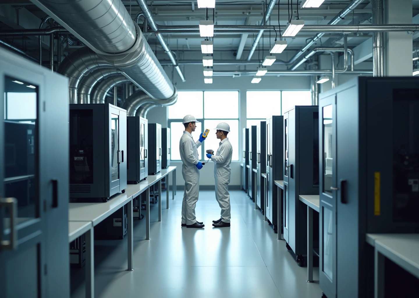 Интерьер 3D‑фермы с рядами принтеров на стеллажах, вентиляционными каналами и электрошкафом, рабочие проверяют оборудование и измеряют качество воздуха