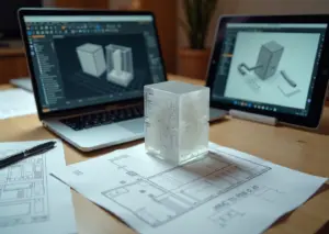 Рабочий стол 3D‑предпринимателя: ноутбук с моделью, отпечатанный прототип с маркировкой и договор — символы юридической и технической защиты