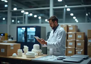 Промышленная ферма 3D‑принтеров, оператор с планшетом и упакованные коробки готовой партии на паллете