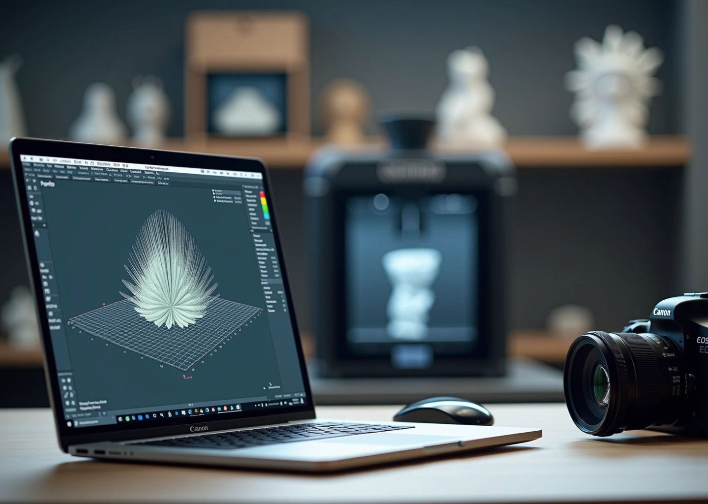Мастерская 3D‑печати: ноутбук с программой фотограмметрии, камера для съёмки и печатные изделия на полке