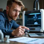 Владелец мастерской 3D‑печати изучает таблицу конкурентного анализа на ноутбуке рядом с 3D‑принтерами и напечатанными деталями