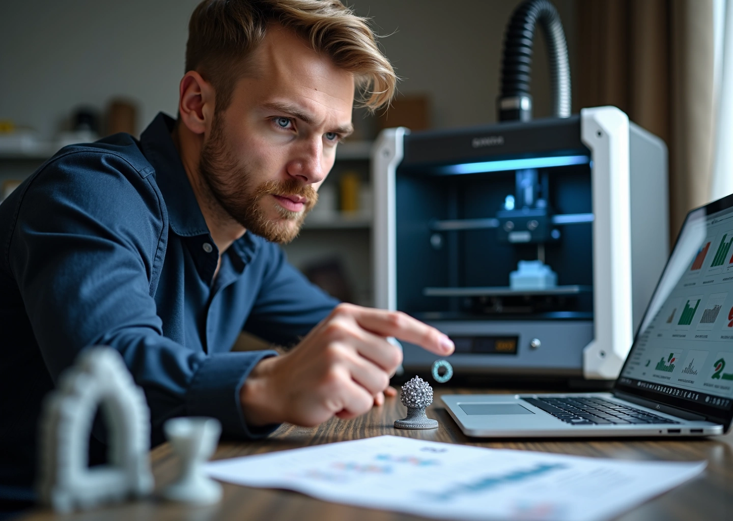 Владелец мастерской 3D‑печати изучает таблицу конкурентного анализа на ноутбуке рядом с 3D‑принтерами и напечатанными деталями