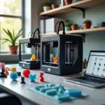 Рабочее пространство 3D‑печати с несколькими принтерами, разнообразными напечатанными продуктами и ноутбуком с дизайном — иллюстрация бизнеса на 3D‑печати в 2026 году