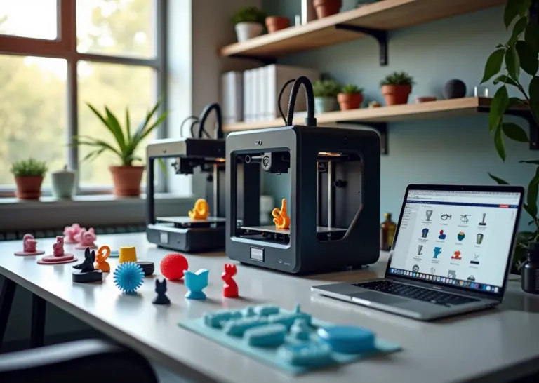 Рабочее пространство 3D‑печати с несколькими принтерами, разнообразными напечатанными продуктами и ноутбуком с дизайном — иллюстрация бизнеса на 3D‑печати в 2026 году