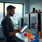 Малое производственное помещение с несколькими 3D принтерами и отпечатанными изделиями на столе, предприниматель с планшетом, городской пейзаж за окном