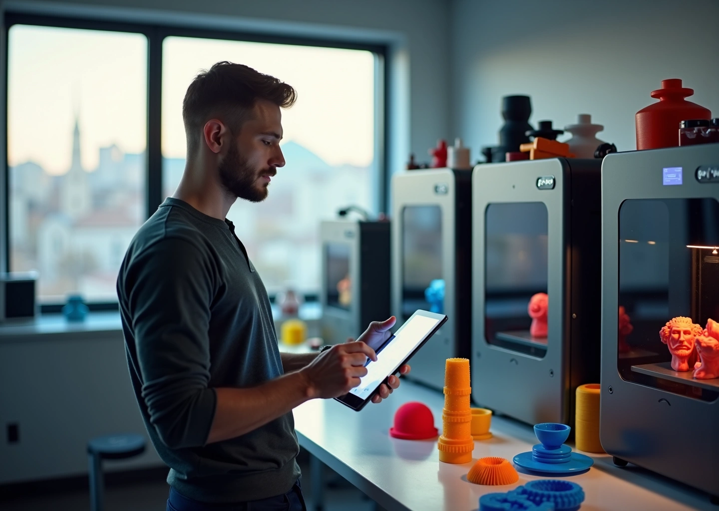 Малое производственное помещение с несколькими 3D принтерами и отпечатанными изделиями на столе, предприниматель с планшетом, городской пейзаж за окном