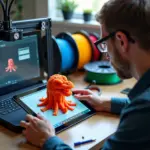 Мастер исследует неудачную 3D‑печать у принтера; рядом ноутбук со слайсером и планшет с геометрией модели, катушки пластика и запасные детали