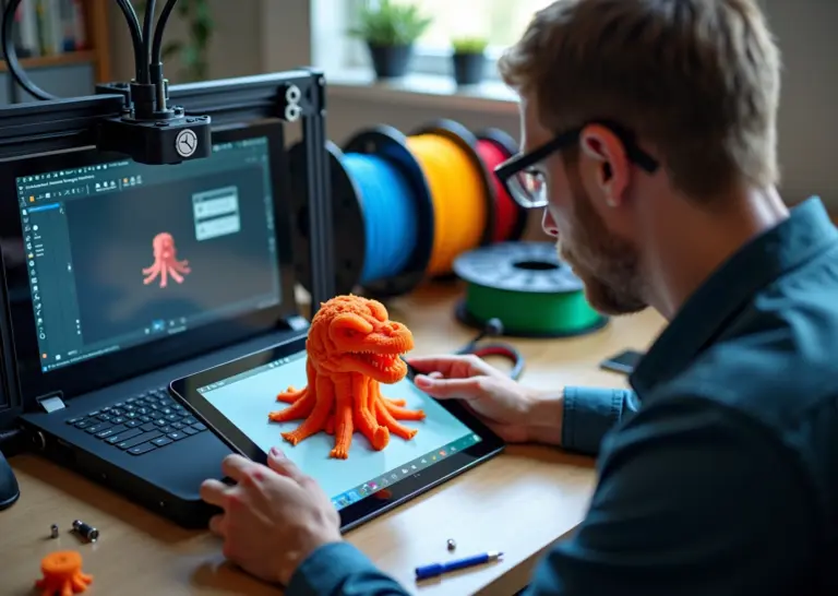 Мастер исследует неудачную 3D‑печать у принтера; рядом ноутбук со слайсером и планшет с геометрией модели, катушки пластика и запасные детали