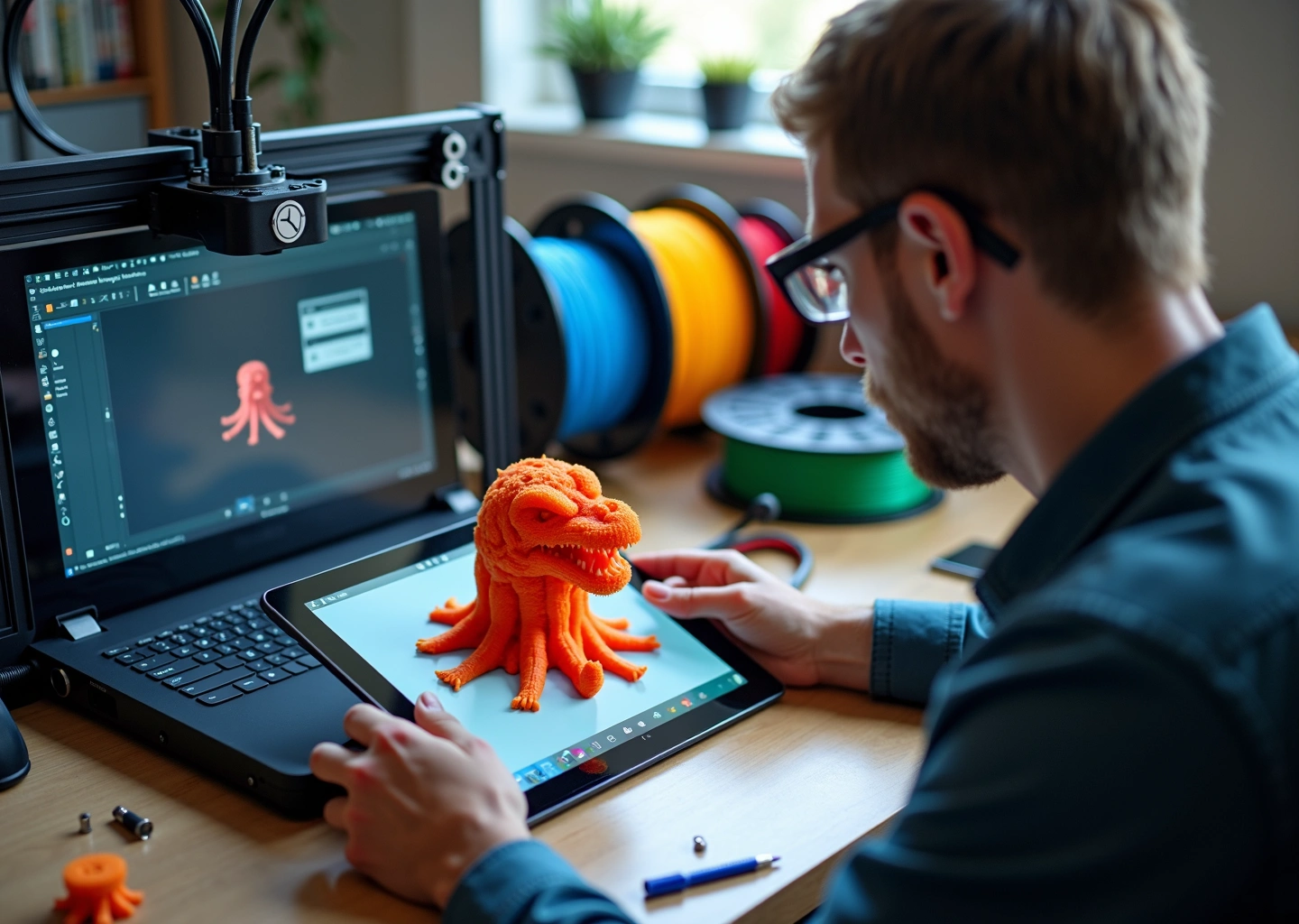 Мастер исследует неудачную 3D‑печать у принтера; рядом ноутбук со слайсером и планшет с геометрией модели, катушки пластика и запасные детали