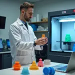 Современный 3D‑цех с разными типами принтеров, предприниматель держит прототип, ноутбук с интерфейсом печати