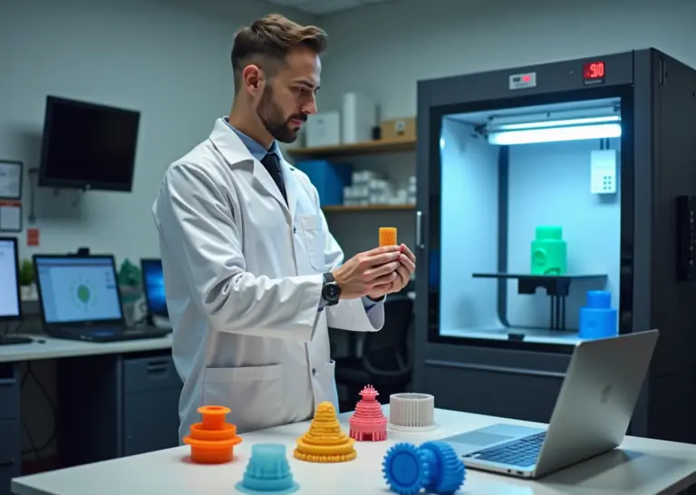 Современный 3D‑цех с разными типами принтеров, предприниматель держит прототип, ноутбук с интерфейсом печати