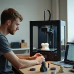 Мастер у 3D‑принтера в малой мастерской с напечатанными деталями и ноутбуком, показывающим расчёт себестоимости и карточку товара