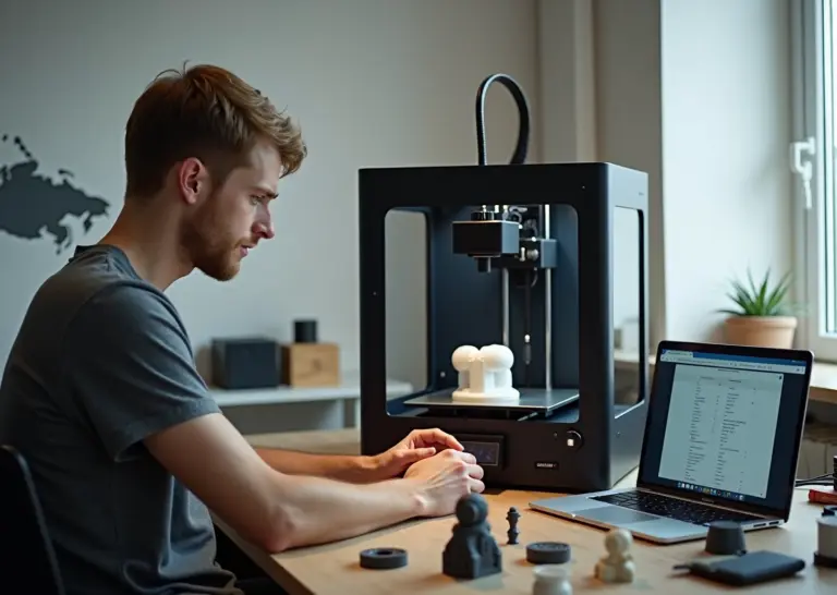 Мастер у 3D‑принтера в малой мастерской с напечатанными деталями и ноутбуком, показывающим расчёт себестоимости и карточку товара