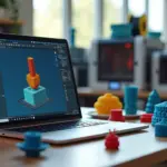 Рабочее место сервиса 3D‑печати с ноутбуком, на экране которого видны интерфейсы Cura PrusaSlicer и Bambu Studio, рядом напечатанные детали и ряд компактных принтеров