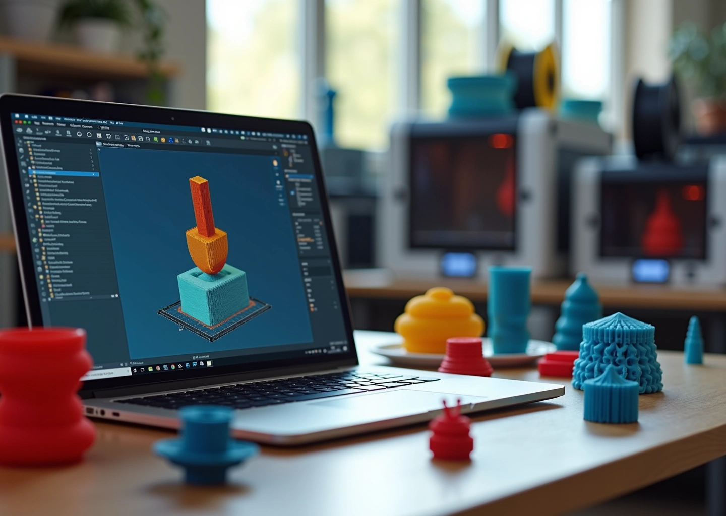 Рабочее место сервиса 3D‑печати с ноутбуком, на экране которого видны интерфейсы Cura PrusaSlicer и Bambu Studio, рядом напечатанные детали и ряд компактных принтеров