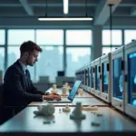 Мастерская малого бизнеса с несколькими 3D‑принтерами, готовыми изделиями на столе и предпринимателем за ноутбуком