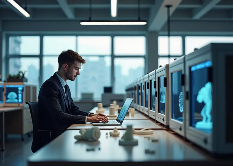 Мастерская малого бизнеса с несколькими 3D‑принтерами, готовыми изделиями на столе и предпринимателем за ноутбуком