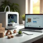 Рабочая столешница с настольным 3D‑принтером и готовыми напечатанными бытовыми предметами (подставка для телефона, органайзеры, кашпо), ноутбук с карточкой товара на русском и упаковка для отправки