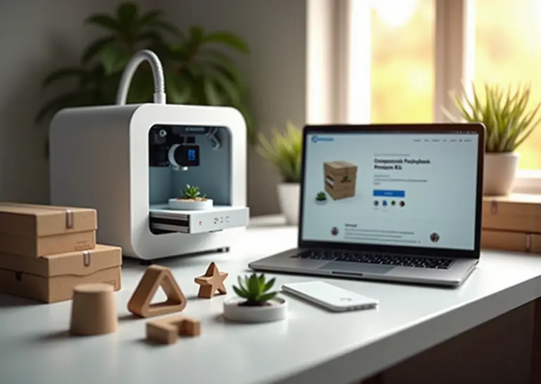 Рабочая столешница с настольным 3D‑принтером и готовыми напечатанными бытовыми предметами (подставка для телефона, органайзеры, кашпо), ноутбук с карточкой товара на русском и упаковка для отправки