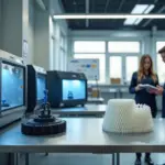 Интерьер мастерской с тремя 3D‑принтерами FDM SLA SLS и образцами напечатанных деталей на столе