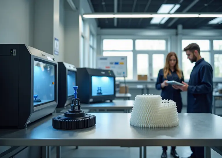 Интерьер мастерской с тремя 3D‑принтерами FDM SLA SLS и образцами напечатанных деталей на столе